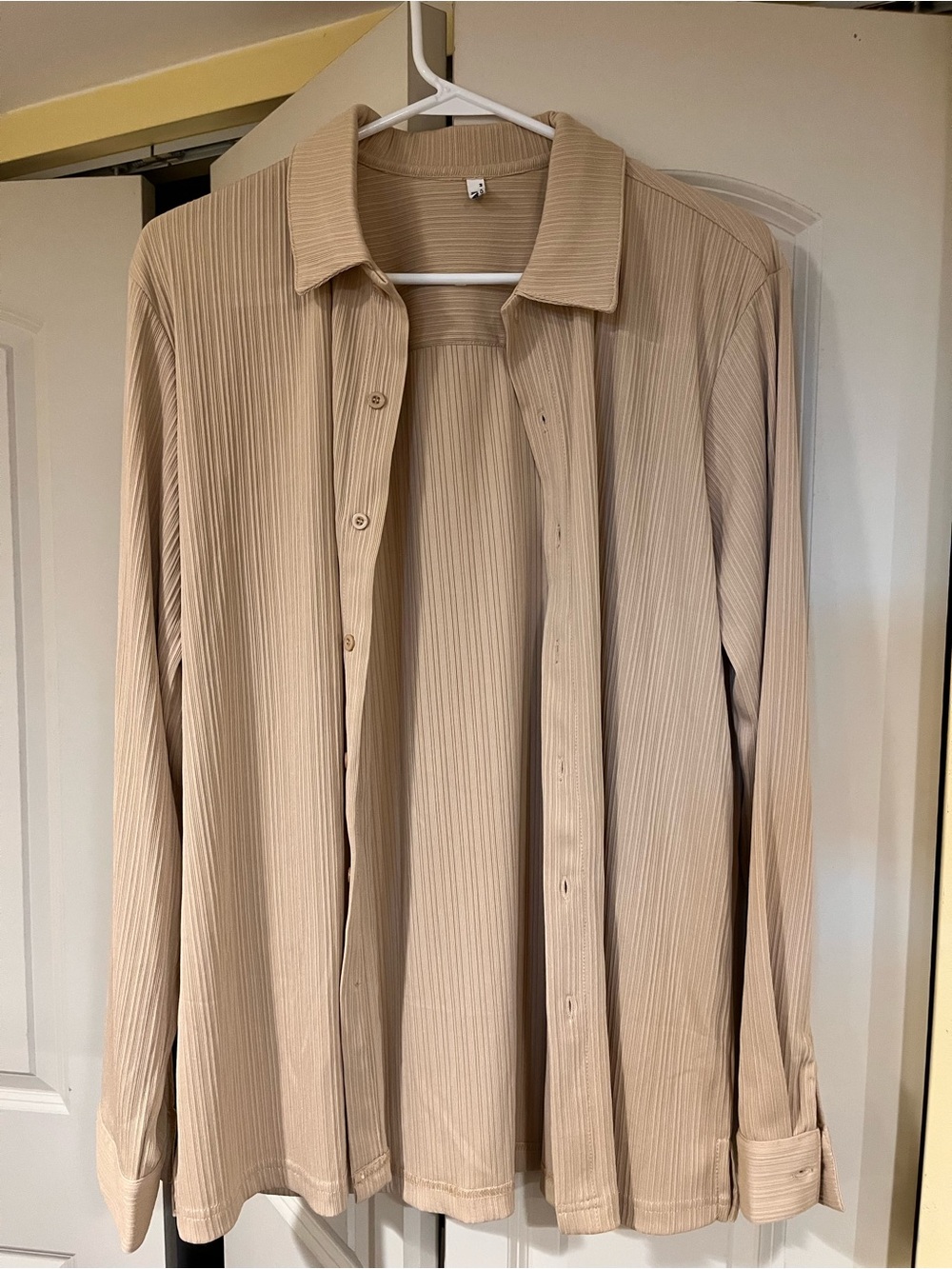 Men's Light Beige Ribbed Button-Down Shirt